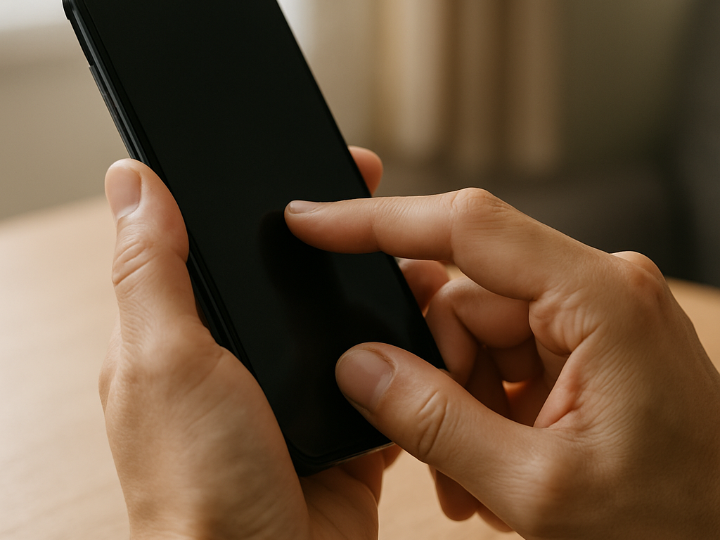 柔らかな光のリビングでスマホを手に一息、落ち着いて対応する安心感