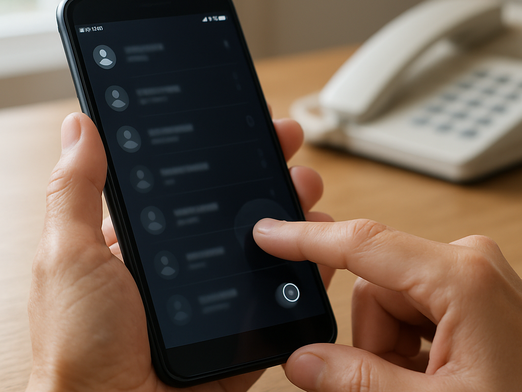 スマホの設定画面を操作し、しつこい着信をブロックするための手元クローズアップ
