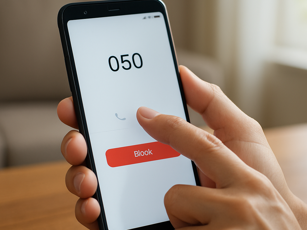 真剣な表情の人物がスマホの通話を切り、迷惑な勧誘に毅然と対応する
