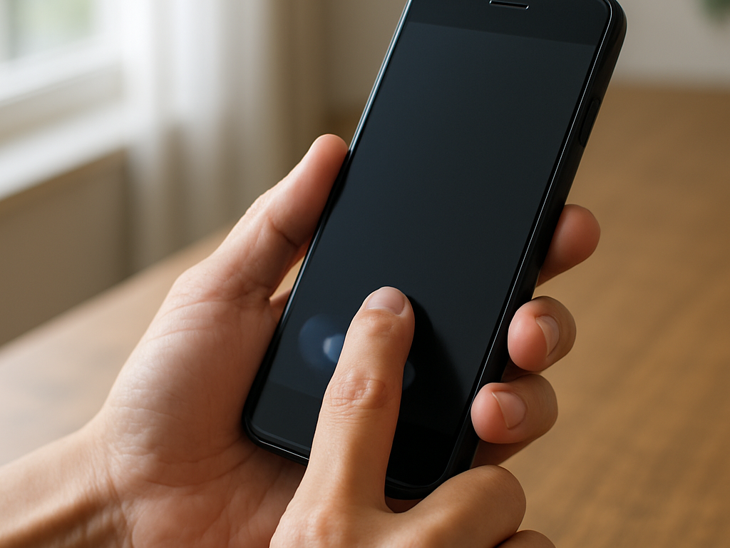 スマホ画面を拡大鏡で慎重に確認し、不審な着信やSMSを見分ける場面