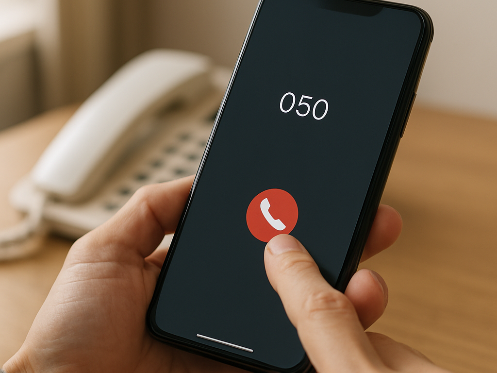 設定中のスマホを操作する指先と受話器、着信拒否や迷惑対策を示す情景